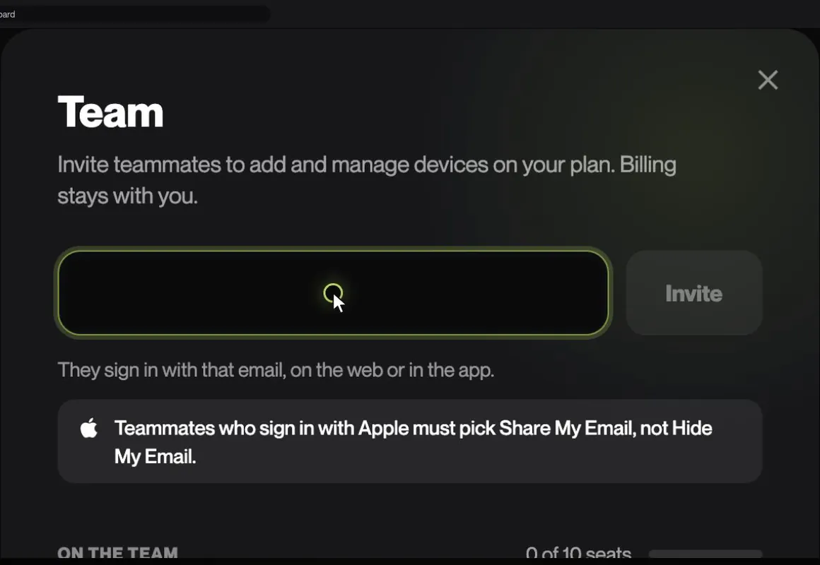The Team window with three emails typed in